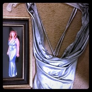 Women's long silver spaghetti strap formal dress